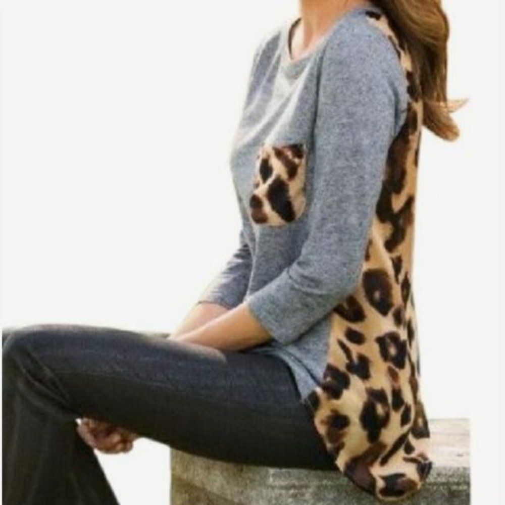 NWT Soft Surroundings Animal Print Back Tee Tunic Gray Size Small (6-8)